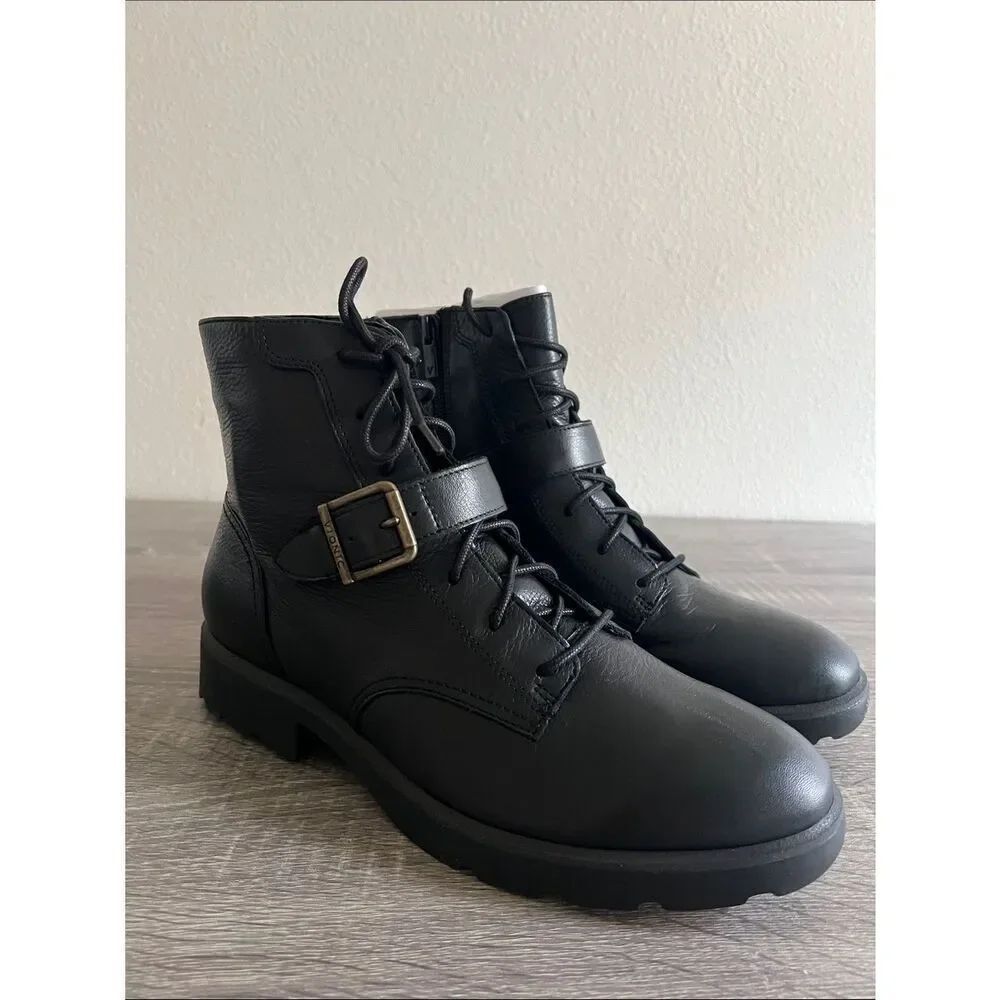 Vionic Catina Black Leather Combat Moto Ankle Boots Lug Sole Size 8.5W
